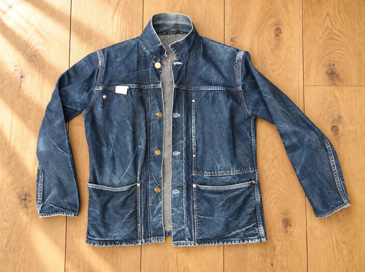Veste en jean sur des lames de bois, après retouche de démonstration